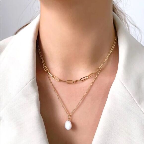 Brand New Rose Gold Double Chain Fresh Water Pearl Adjustable Necklace 18 -24 in - Picture 5 of 6